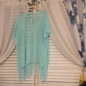 Light Blue Knit Poncho with Fringes
